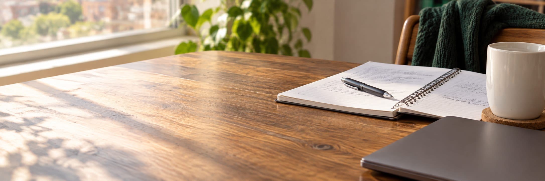Mesa de madera con un cuaderno abierto, un bolígrafo, una taza y un portátil, con luz de ventana.