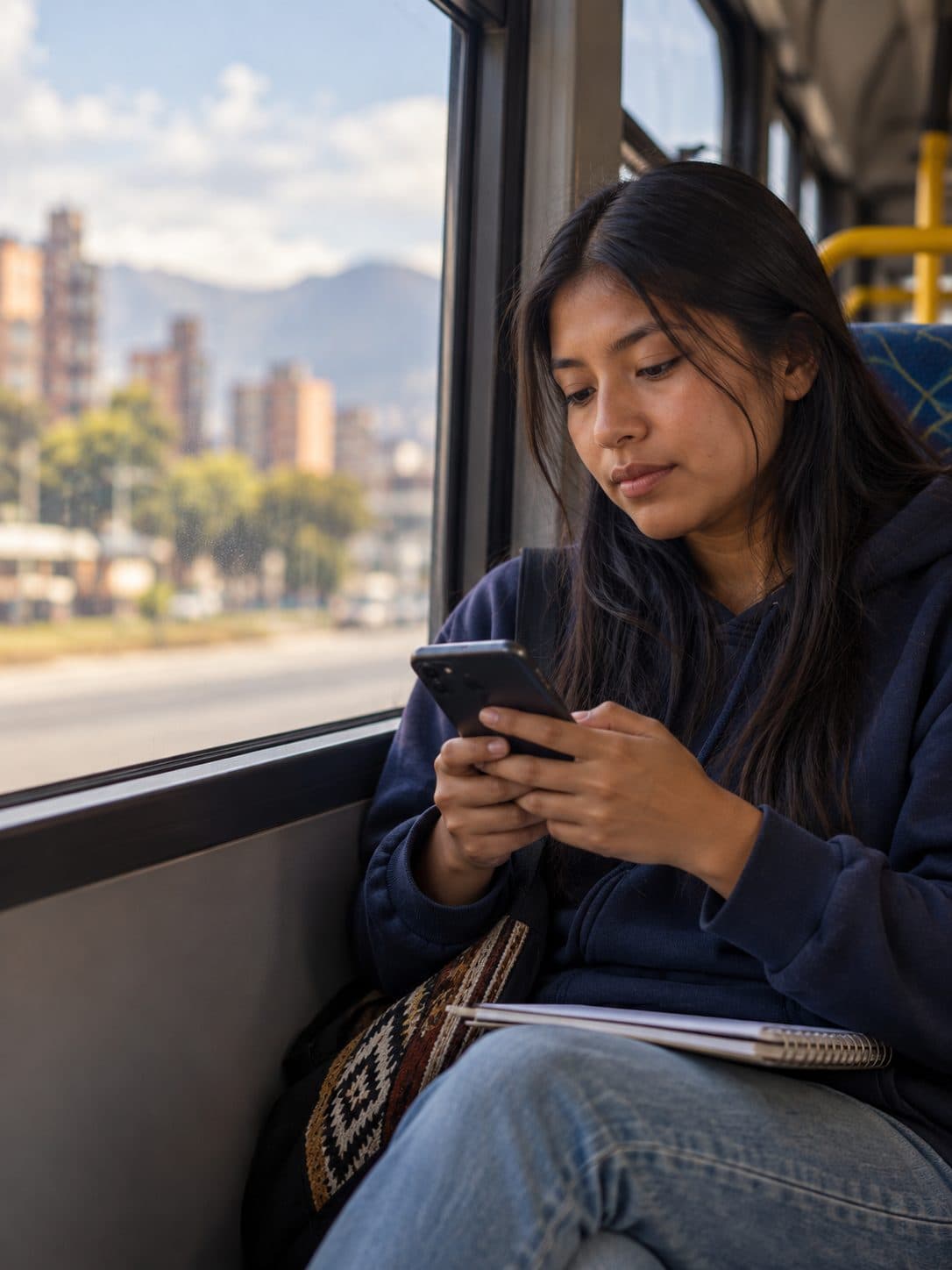 Joven lee en su teléfono sentada junto a la ventana de un bus, con un cuaderno en las piernas y la ciudad afuera.